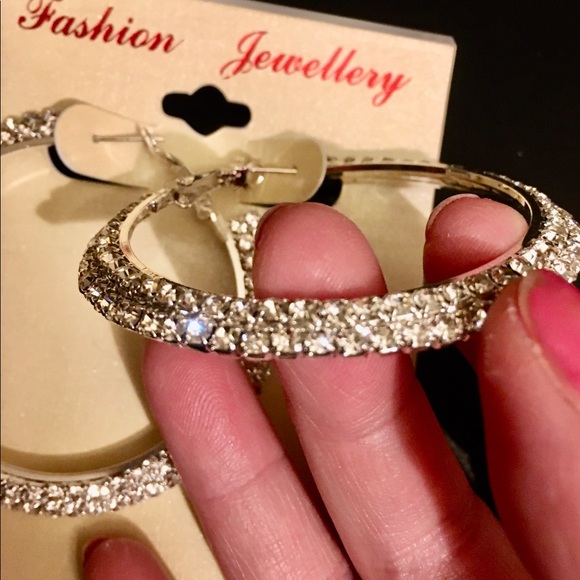 Three row rhinestone hoop earrings. - Picture 3 of 5